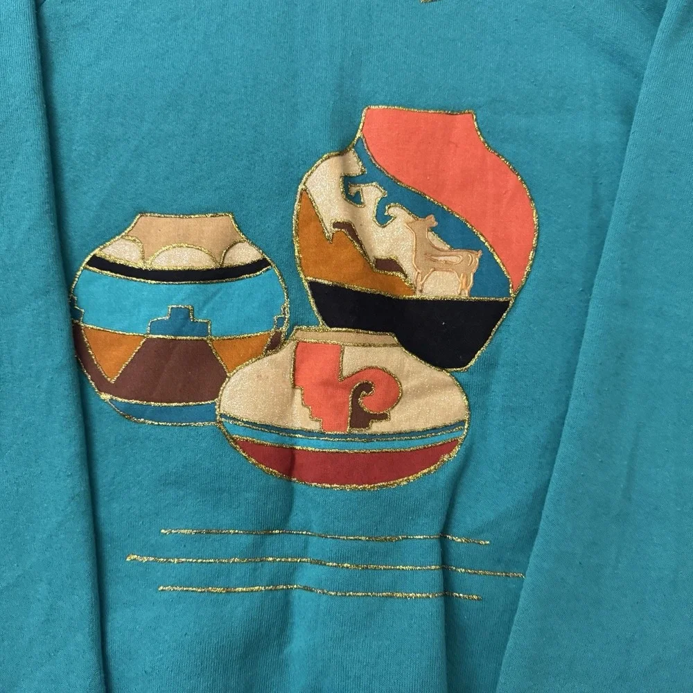 Vintage Her Way Southwest‎ Motif Crewneck Sweatshirt Sz XL Puffy Paint Glitter - Picture 2 of 9